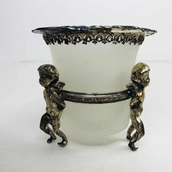 VTG Ormolu Ornate Cherubs Holding Opaline Bowl Small Flower Vase Candle Holder - Picture 11 of 12